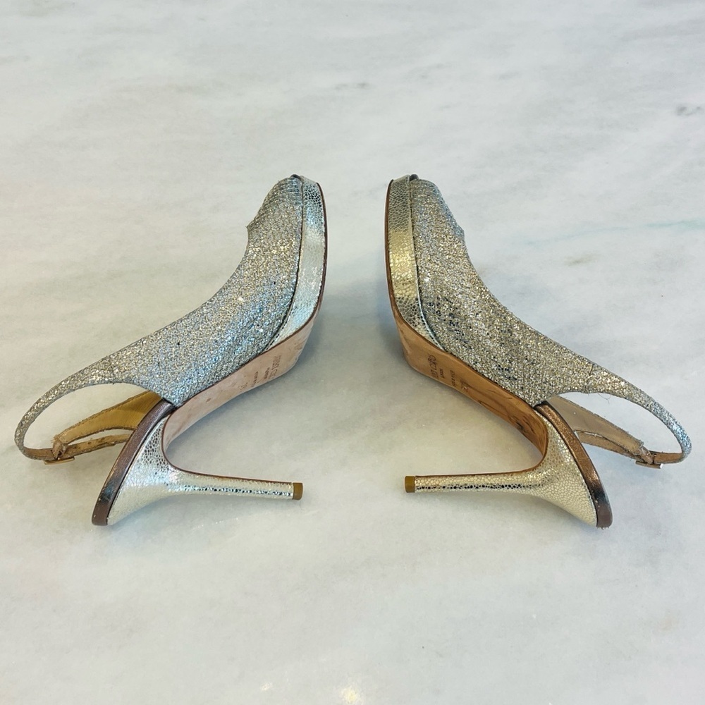 Jimmy Choo 38.5 8.5 Nova Champagne Glitter Gold Silver Peep Toe Sling Back Heels - Picture 7 of 12